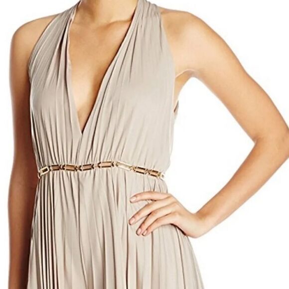 Halston Heritage Halter Pleated Wide Leg Jumpsuit Atmosphere Beige. - Picture 6 of 13